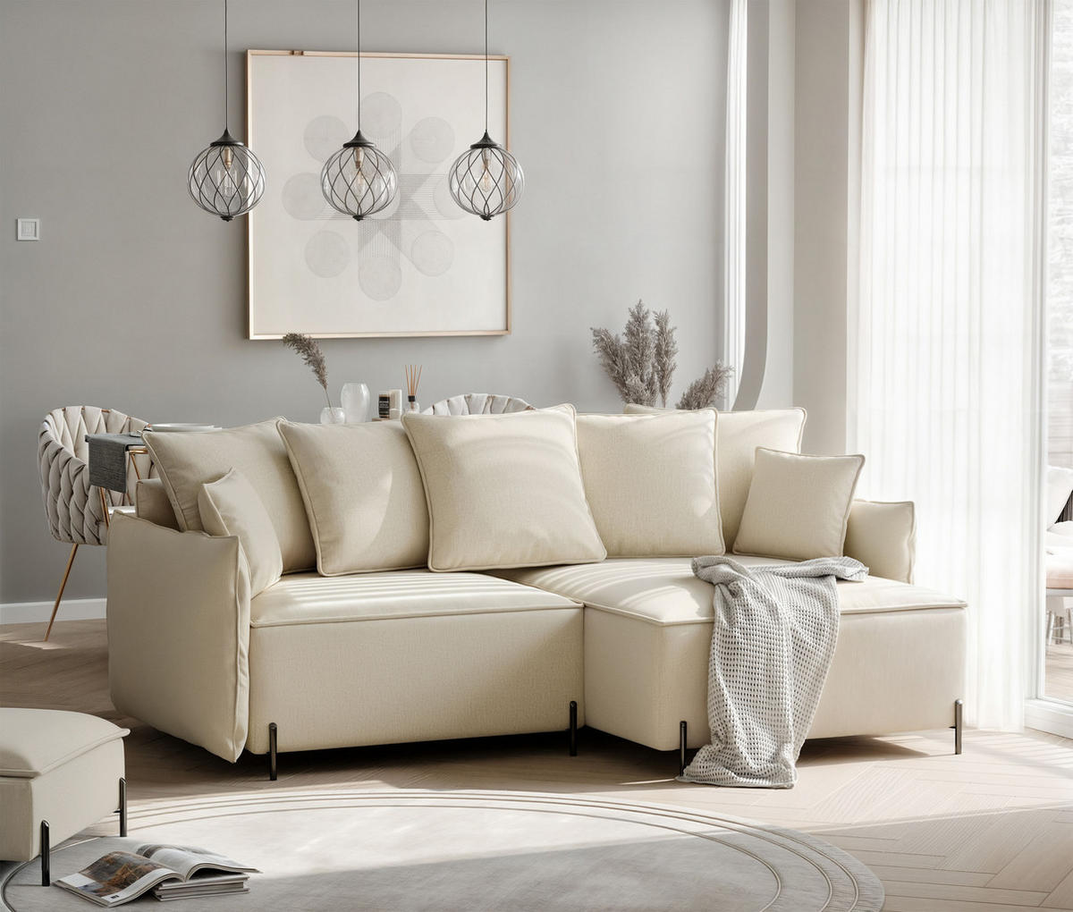 ECKSOFA MARCO Rechts, mit Schlaffunktion und Bettkasten, Creme - Creme, Textil/Metall (221/148cm) - Idohome