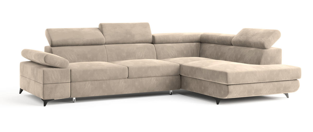 ECKSOFA FAVIEN R-S Creme Velours-Stoff mit Schlaffunktion - Creme, Holz (257/190cm) - MASSENO