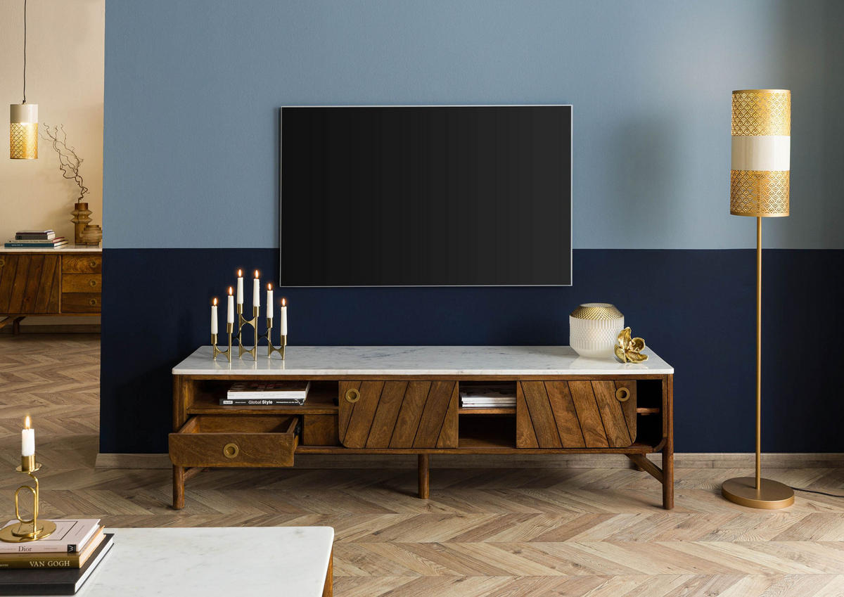 TV-BOARD Mango 180x45x50 braun geölt / echter Marmor LOS ANGELES #02 - Braun, Holz (45/50/180cm) - Massivmoebel24