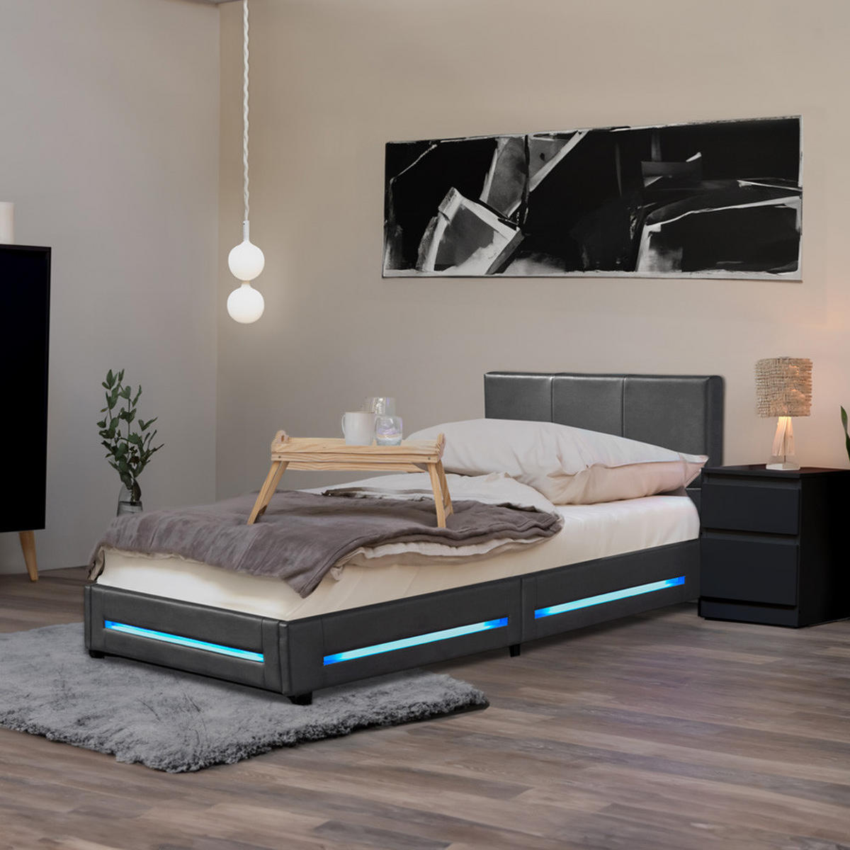 LED BETT ASTEROID - Dunkelgrau, 90 x 200 cm - Dunkelgrau, Kunststoff - Home Deluxe