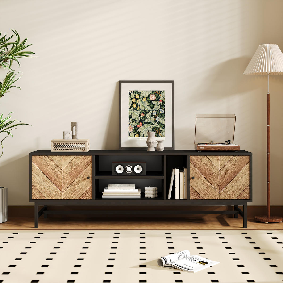 LOWBOARD in Schwarz und Naturfarben TV-Schrank mit vielseitigem Stauraum für Wohnzimmer, B150/T38/H55 cm - Schwarz/Naturfarben, Holzwerkstoff/Metall (150/55/38cm) - STILVORA