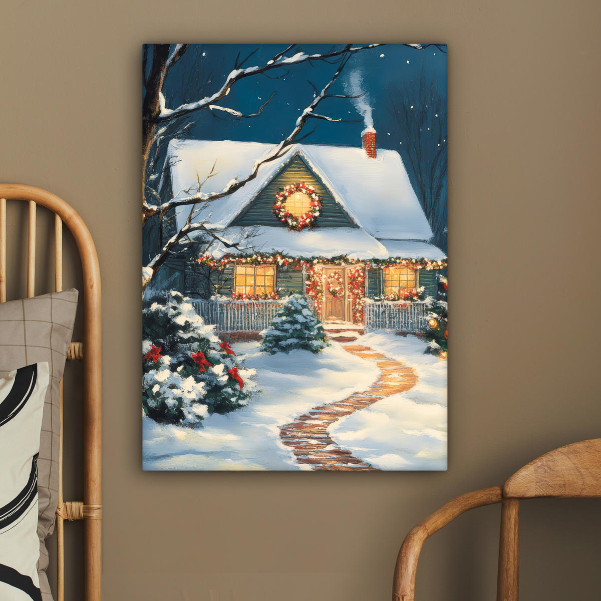 LEINWANDBILD Weihnachten - Weihnachtsbaum - Winter - Zuhause - Schnee 60x80 cm - Smaragdgrün, Textil (60/80cm) - MuchoWow