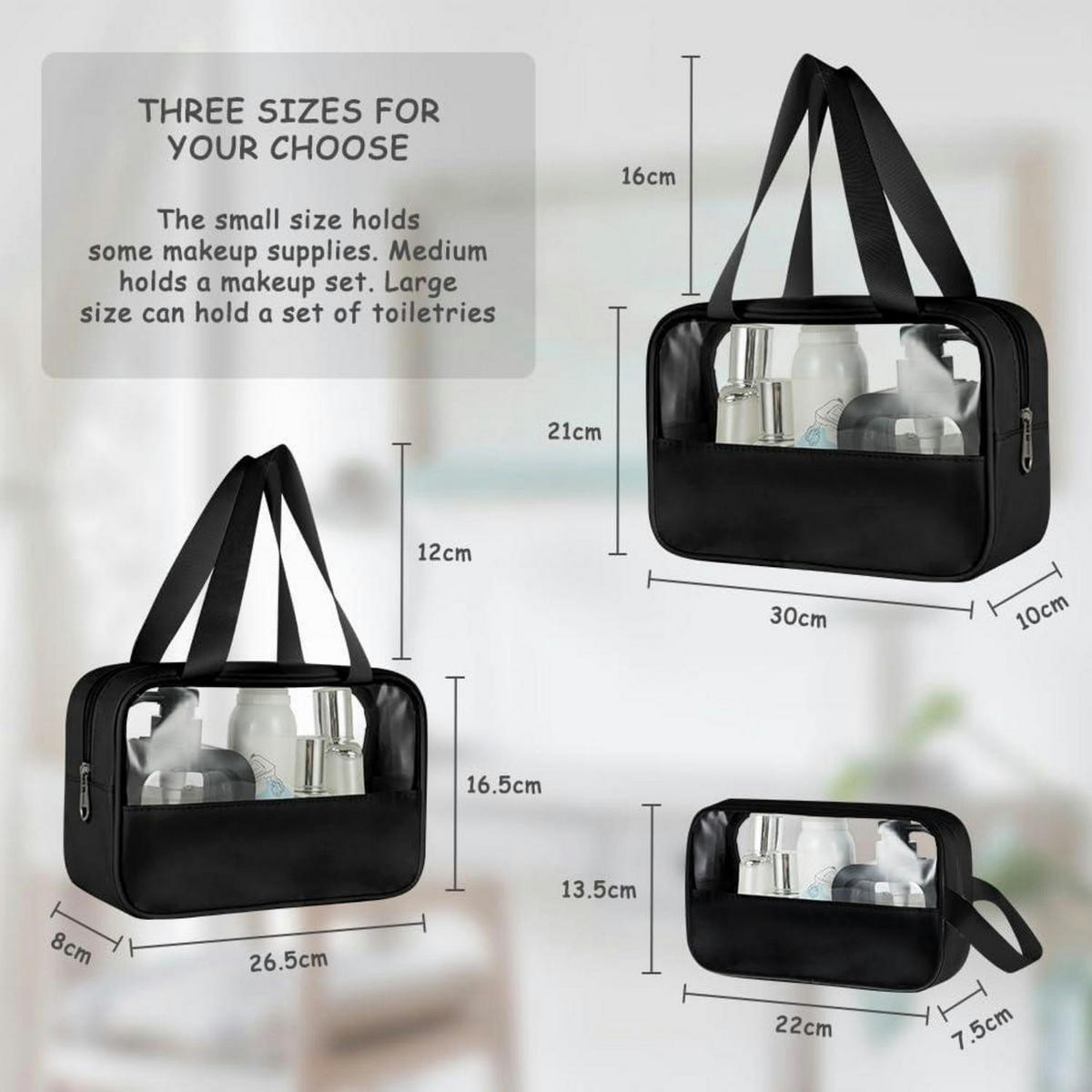 KULTURBEUTEL Set 3-teilig Transparent Schwarz - Schwarz, Kunststoff (22.5/3.8/32cm)