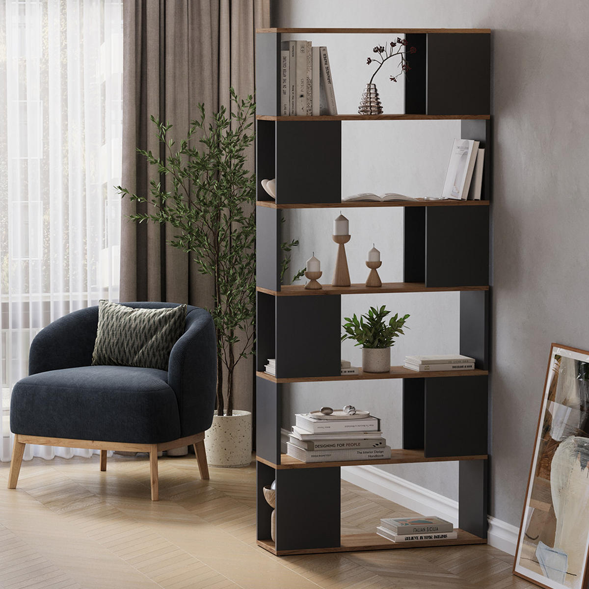 RAUMTEILER Eneos Anthrazit/Goldkraft Eiche 80 x 186 cm - Anthrazit/Eiche Wotan, Holzwerkstoff (80/186/24cm) - Vicco