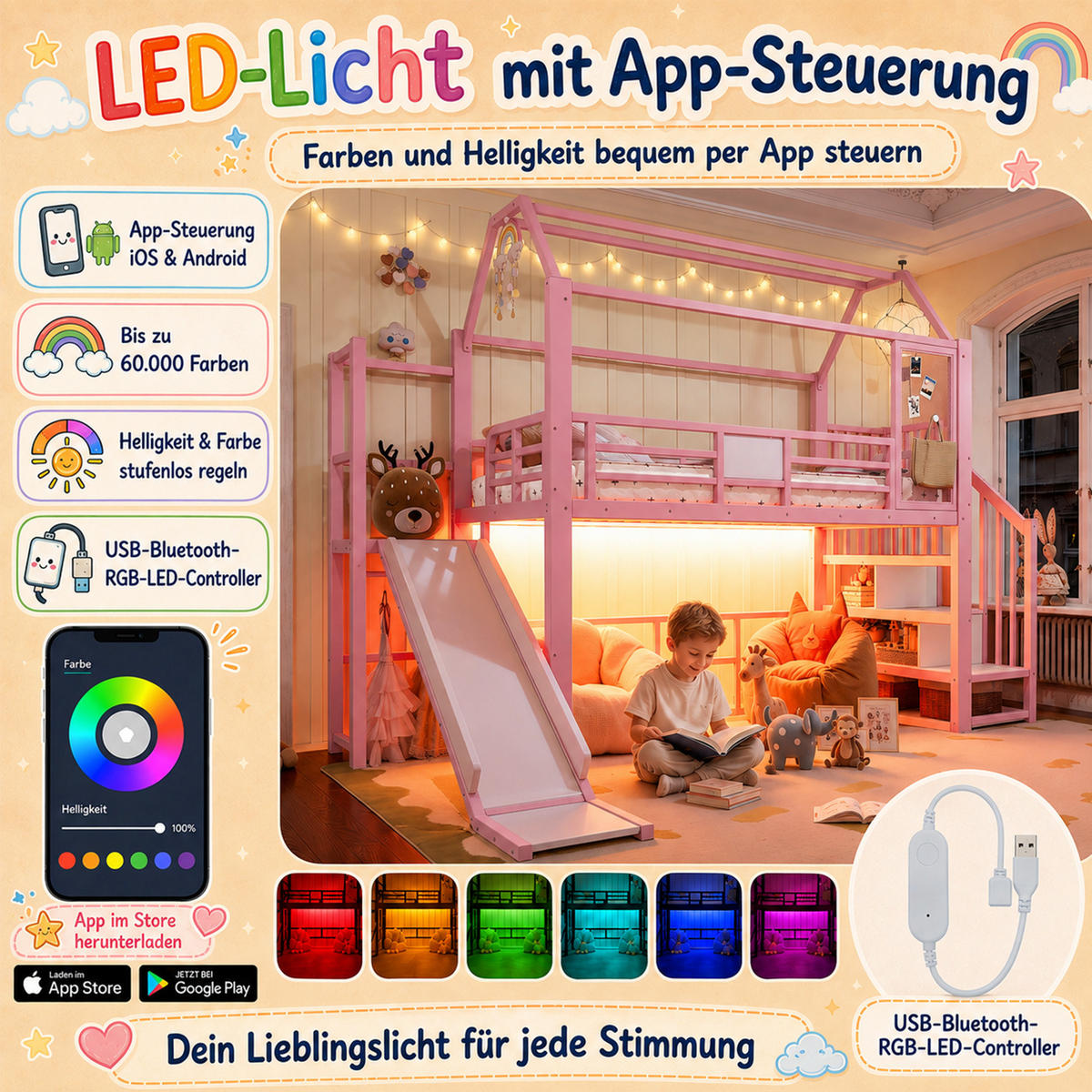 HOCHBETT 90/200cm mit Rutsche, LED/Treppe, Metall, Rosa - Rosa, Metall (90/200cm) - LVHOM