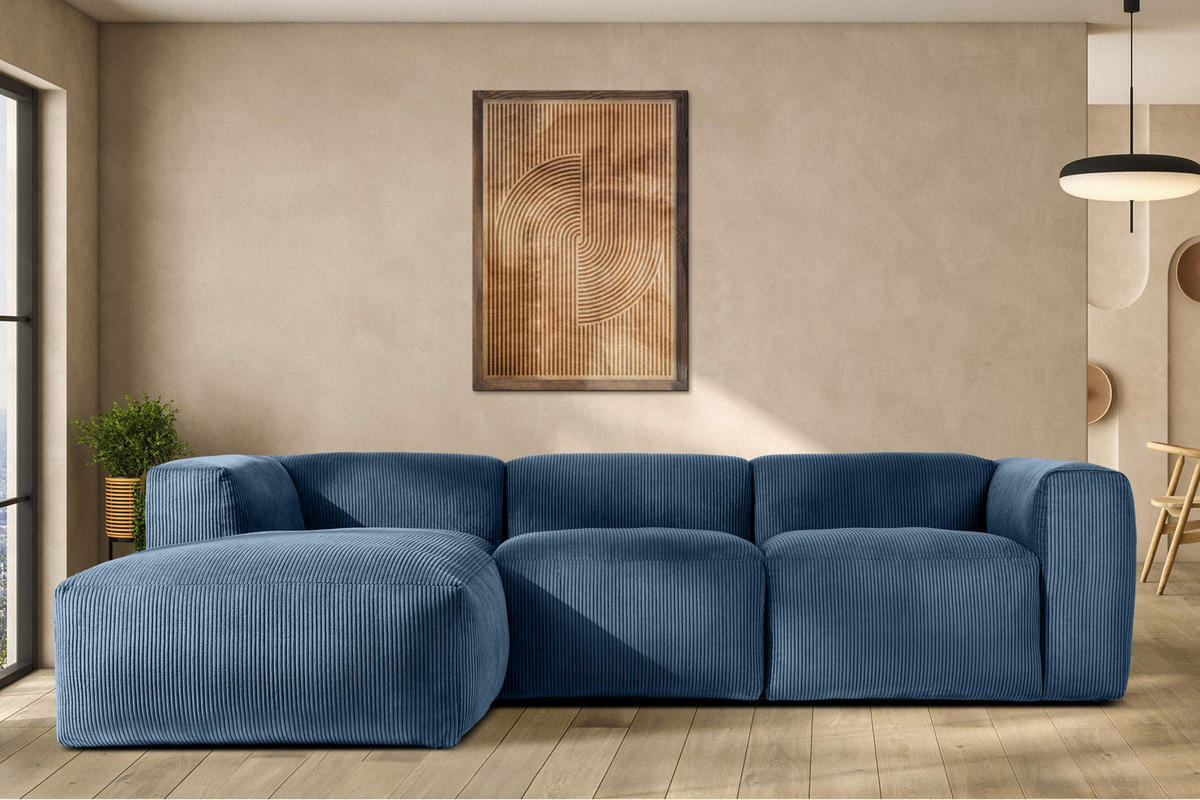 ECKMODULSOFA-LINKS BUFFO mit extrem weicher und bequemer Sitzfläche, Kordstoff, marineblau - Blau/Grün, Textil (297/180cm) - KONSIMO®