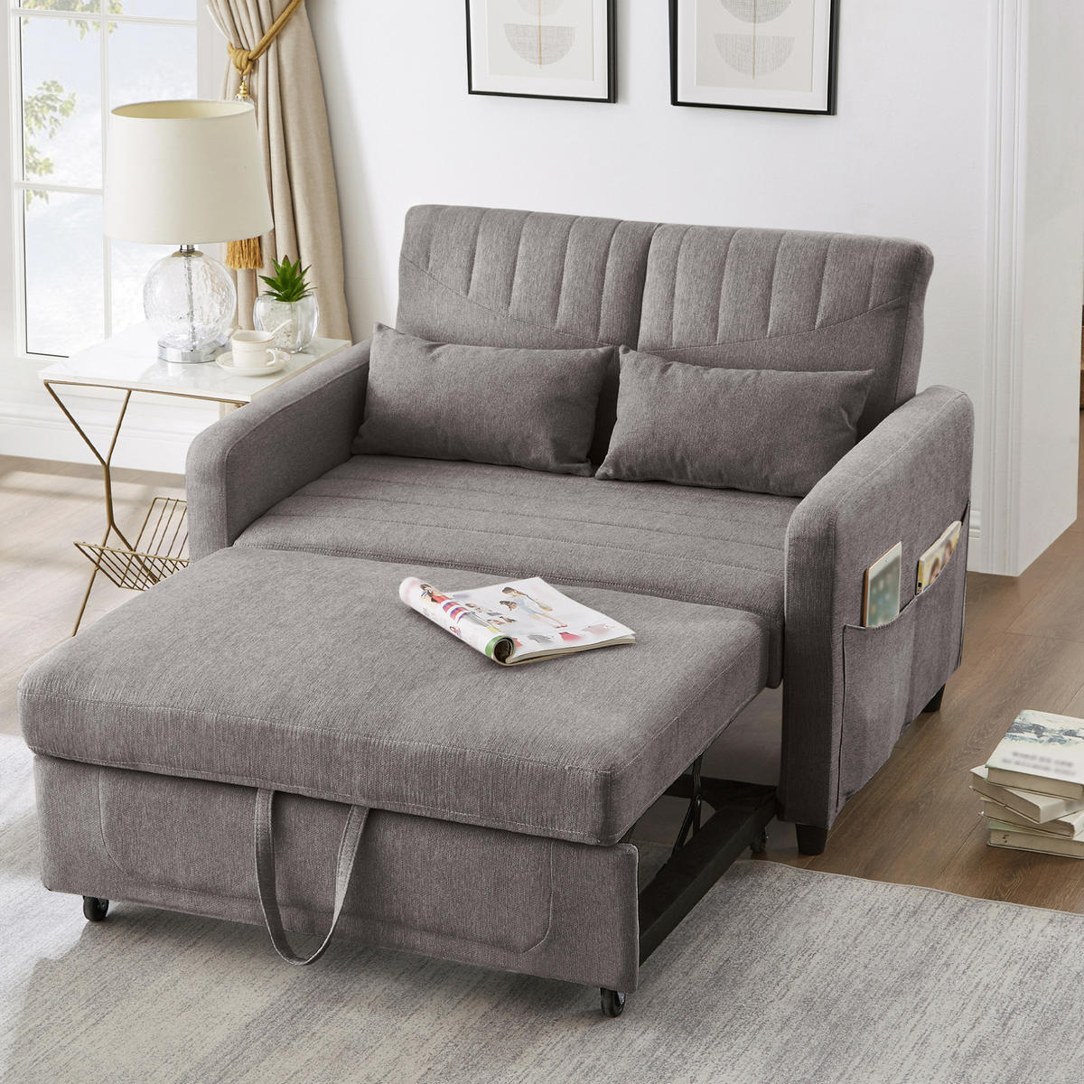 SOFA Zweisitzer mit Schlaffunktion ausziehbar Grau Baumwoll-Leinen 210/90/45 cm - Grau, Kunststoff (114/82.5/77cm) - OKWISH