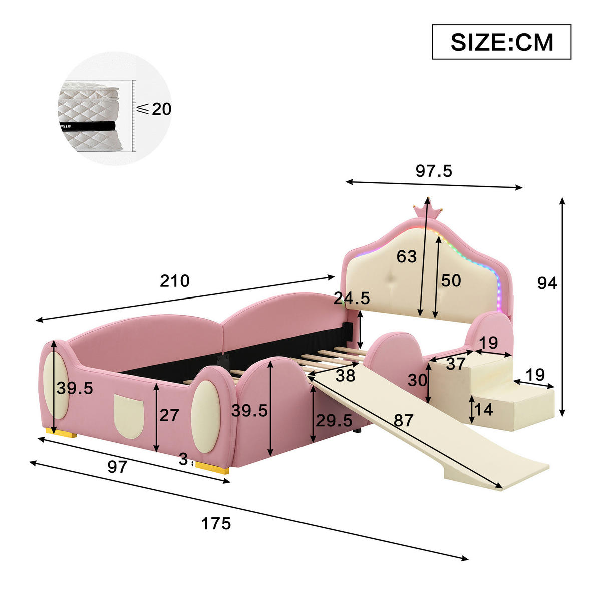 KINDERBETT 90/200 cm Crown Cartoon Rosa mit Rutsche und LED-Beleuchtung aus PU - Rosa, Kunststoff (90/200cm) - OKWISH