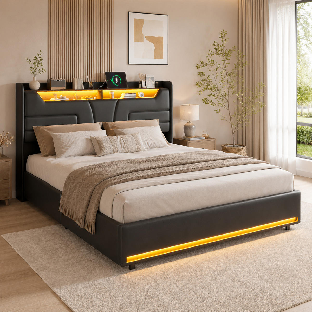 POLSTERBETT 140/200 cm mit LED‑Beleuchtung & USB‑Ladestation, modernes Bett mit Stauraum‑Kopfteil, schwarzes Kunstlederbett für Schlafzimmer - Schwarz, Holz/Metall (140/200cm) - Joyfair