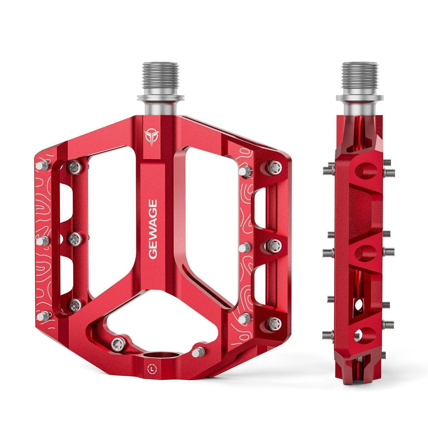 FAHRRADPEDALE Set – Flat Pedale für Mountainbike & Gravel Bike, rutschfest, Aluminiumlegierung, CNC-gefräst, - Rot, Metall (10/2/12cm)