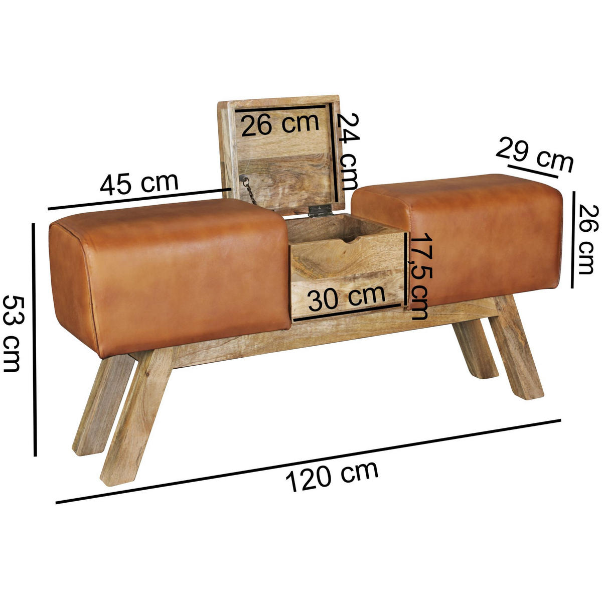 SITZBANK – Echtleder/Holz, 120 cm, Retro-Stil, mit Stauraum - Braun, Leder/Holz (120/53/29cm) - KADIMA DESIGN