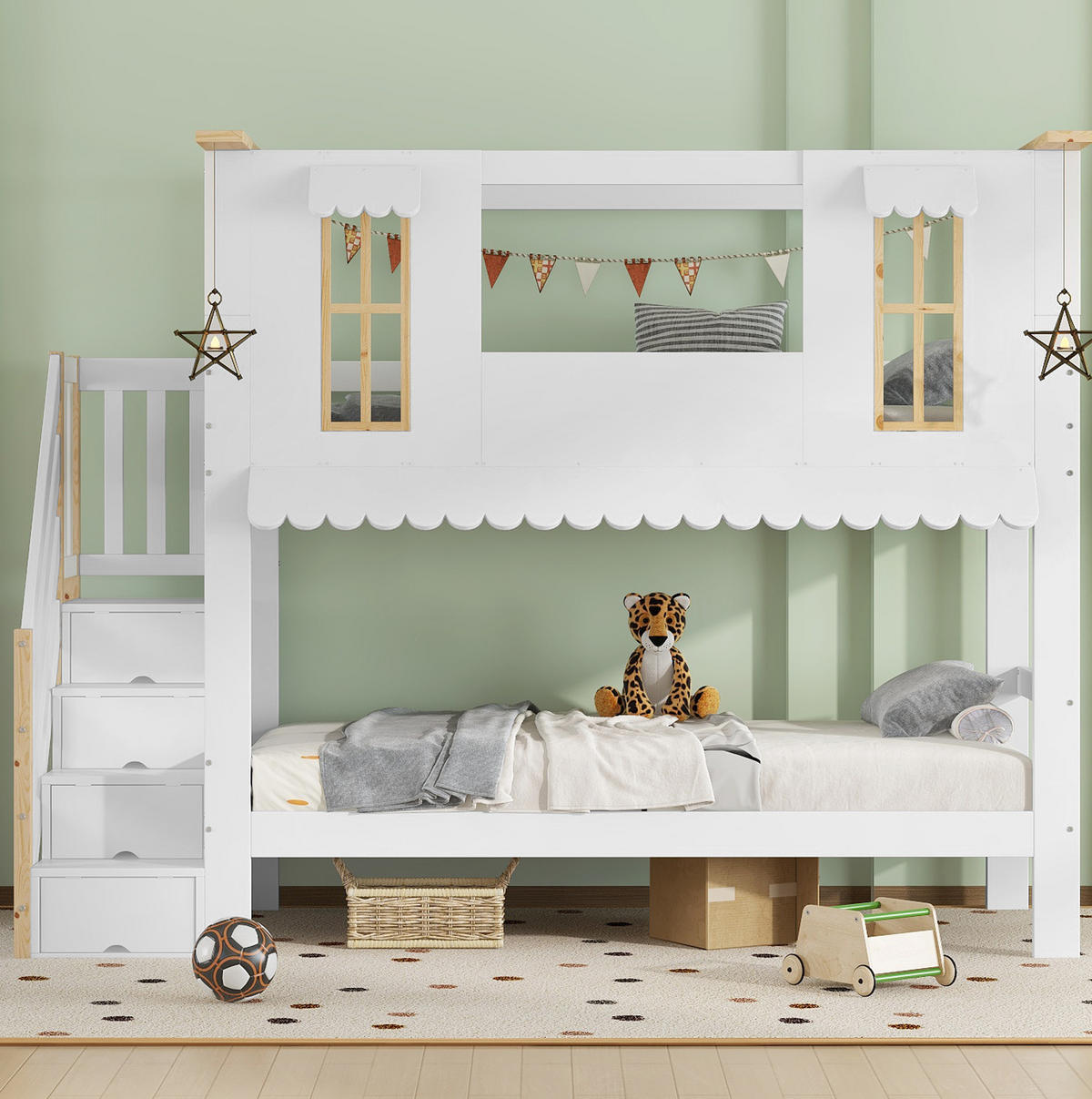 ETAGENBETT 90/200 cm mit Aufbewahrungstreppe, Fenstern und Dachkante aus Kiefernholz/MDF, Weiß/Natur - Weiß, Holz (90/200cm) - Redom