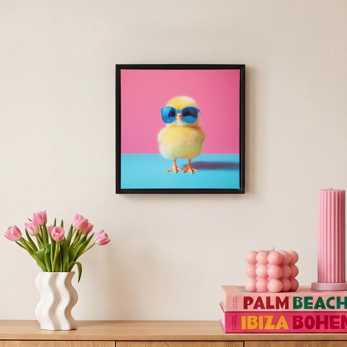 LEINWAND Bilder mit Rahmen - Chick - Sonnenbrille - Blau - 20x20 - Pink, Textil (20/20cm) - MuchoWow