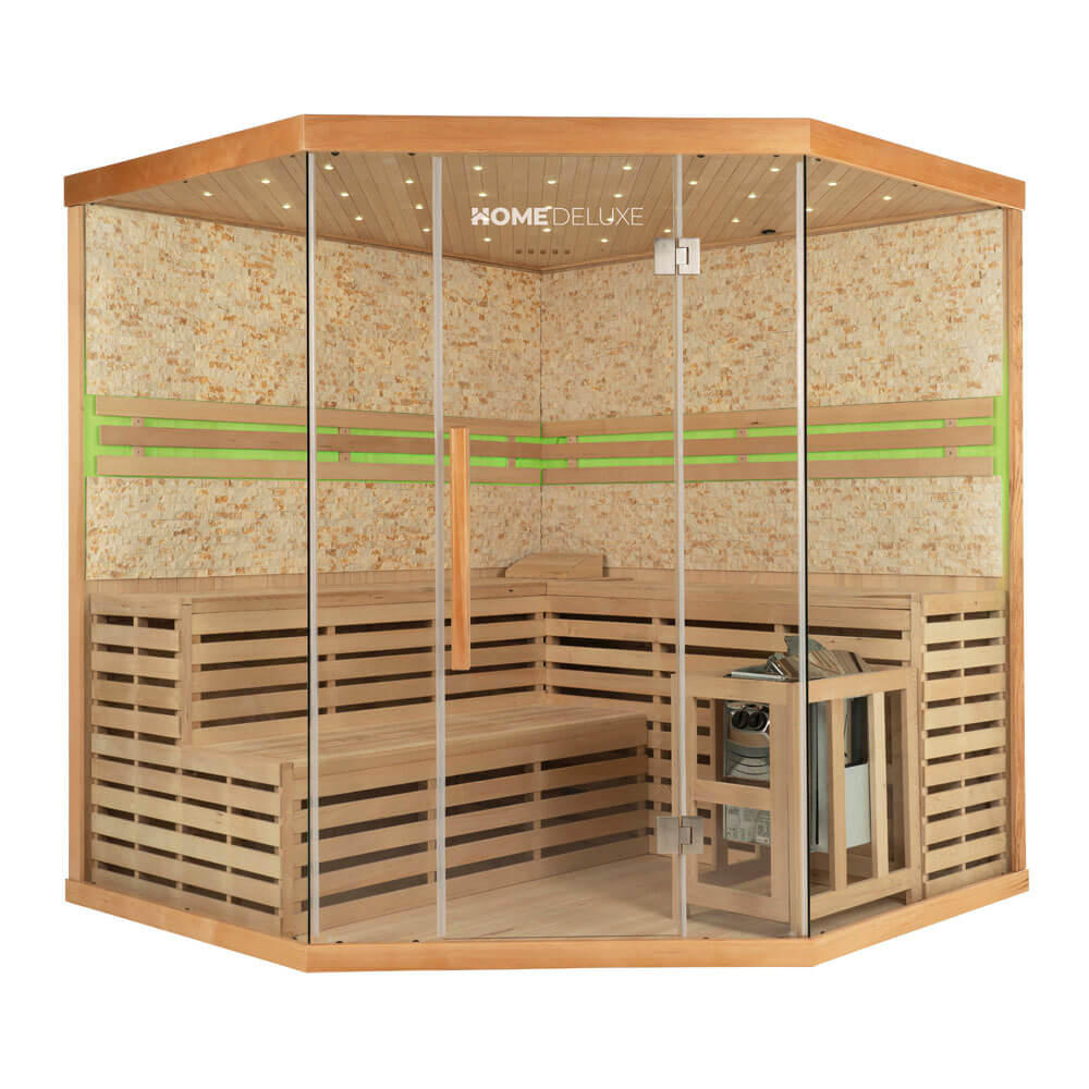 TRADITIONELLE Sauna mit Kunststeinwand SKYLINE BIG XL - 200 x 200 cm für 6 Personen - Naturfarben, Holz (200/210/200cm) - Home Deluxe