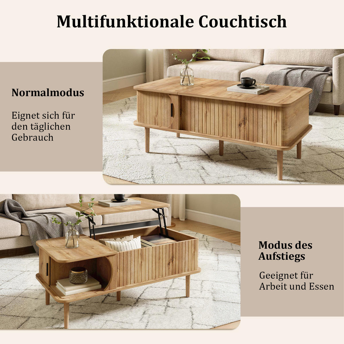 KONFERENČNÍ STOLEK Retro s výklopnou deskou, přírodní, 100 × 48 × 55,5 cm - přírodní, kompozitní dřevo (48/100/55.5cm) - Urban Meuble