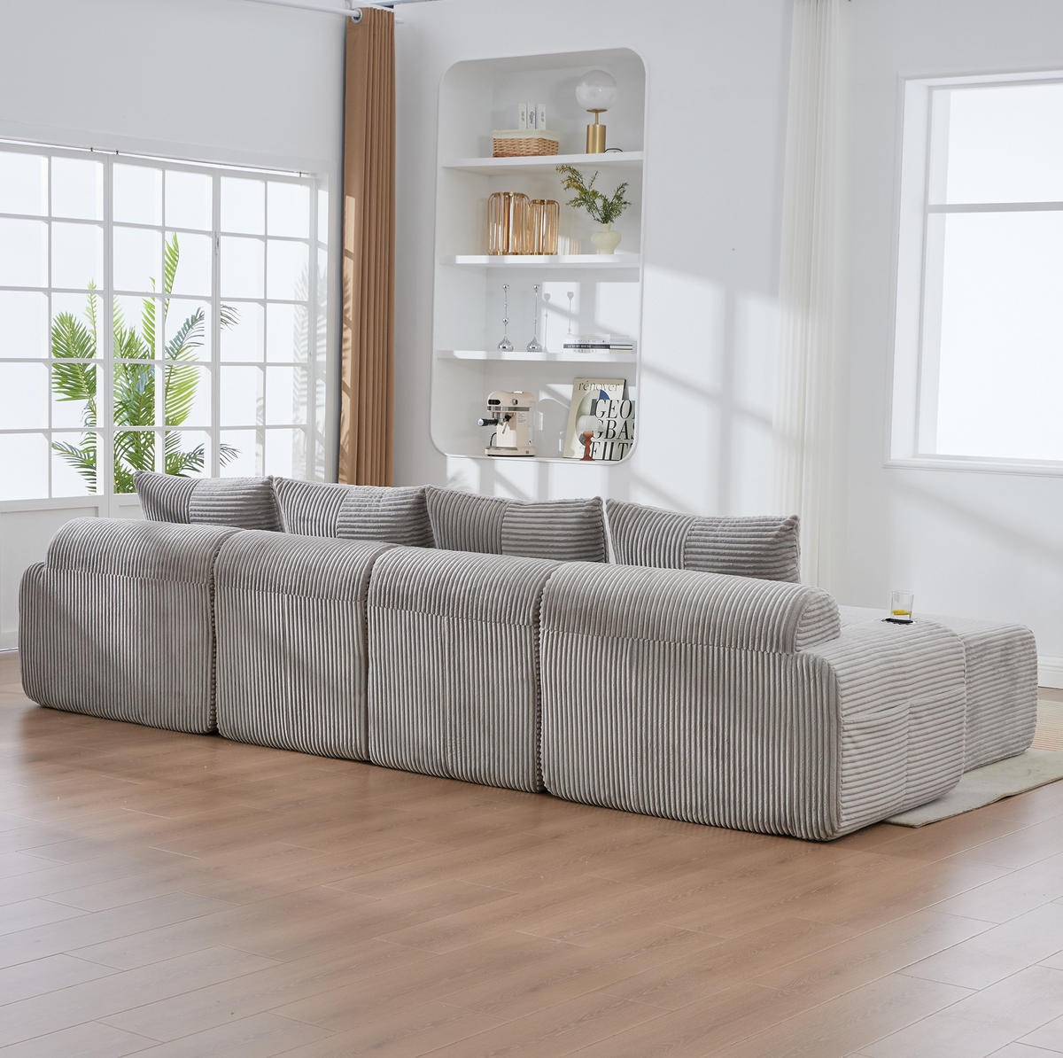 WOHNLANDSCHAFT modular 4-Sitzer mit 2 Hockern 333 x 174 cm Cord Hellgrau - Hellgrau, Kunststoff (174/80/333cm) - Meubliv