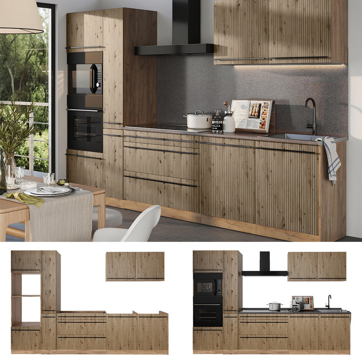 KÜCHENZEILE R-Line, Artisan-Eiche/Goldkraft Eiche, 310 cm ohne Arbeitsplatte - Honigeiche/Eiche Artisan, Holzwerkstoff (310/206.8/46cm) - Vicco