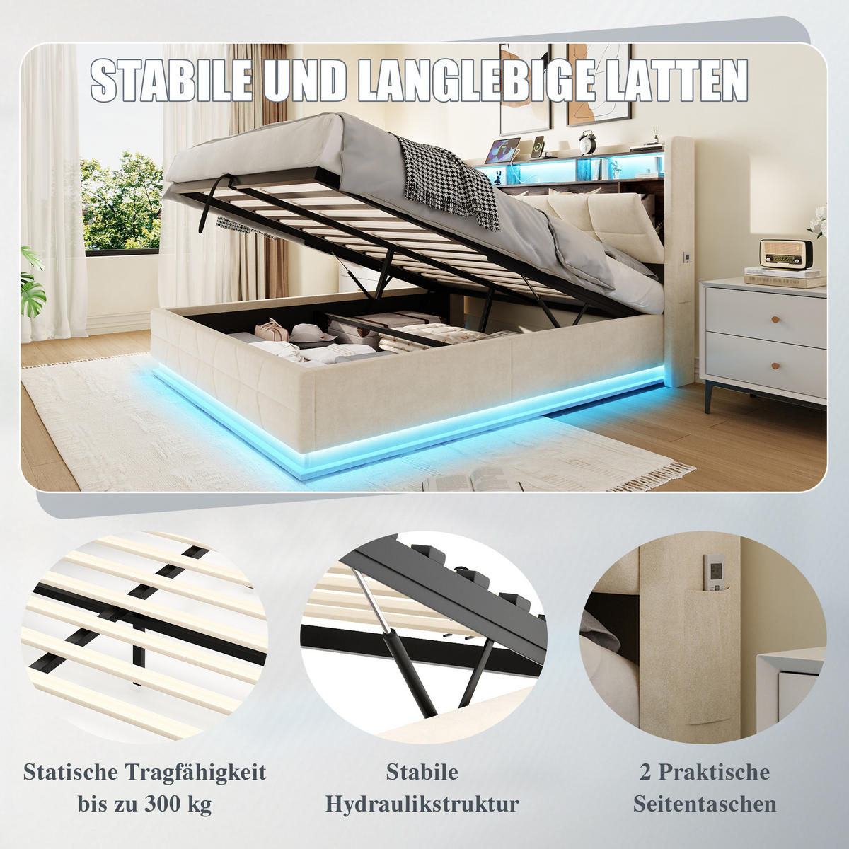 POLSTERBETT aus Samt 140x200 cm in Beige mit LED & USB/Type-C - Beige, Textil (140/200cm) - Modfu