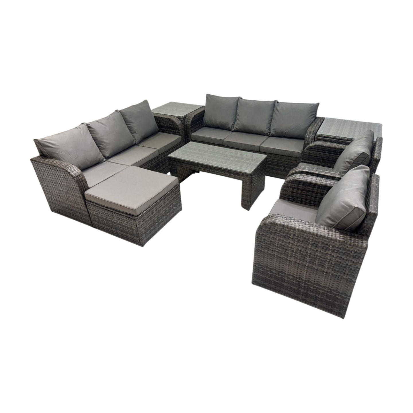 GARTENSOFA SET mit rechteckigem COUCHTISCH Polyrattan 8-Sitzer Dunkelgrau - Dunkelgrau/Grau, Glas/Kunststoff - Fimous