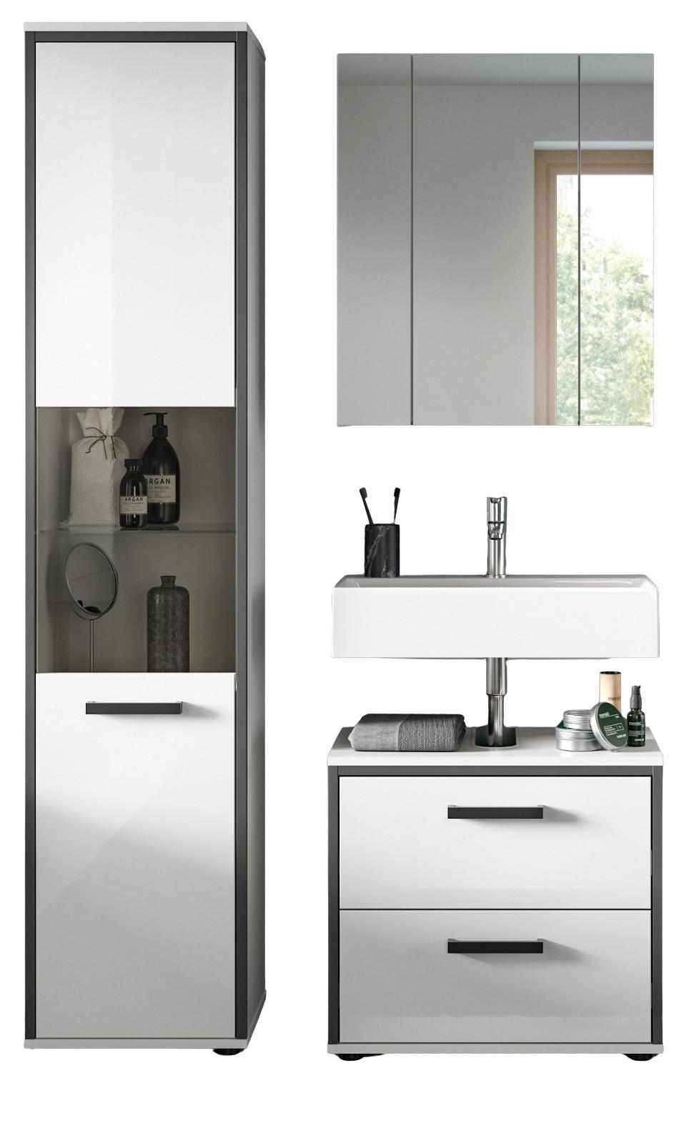 BADMÖBEL-SET 3-teilig weiß Hochglanz, grau 115 x 188 cm, Badkombination, modernes Design - Weiß Hochglanz/Schwarz, Glas/Holzwerkstoff (115/188/37.5cm) - Inn.Furn