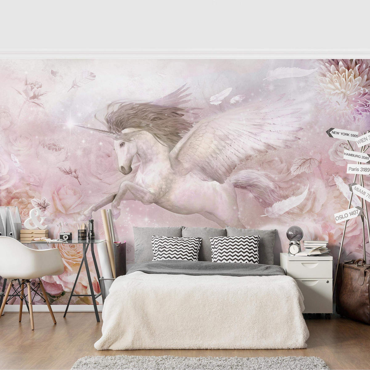 FOTOTAPETE Pegasus Einhorn mit Rosen 432/290 cm - Rosa, Papier (432/290cm) - Bilderwelten