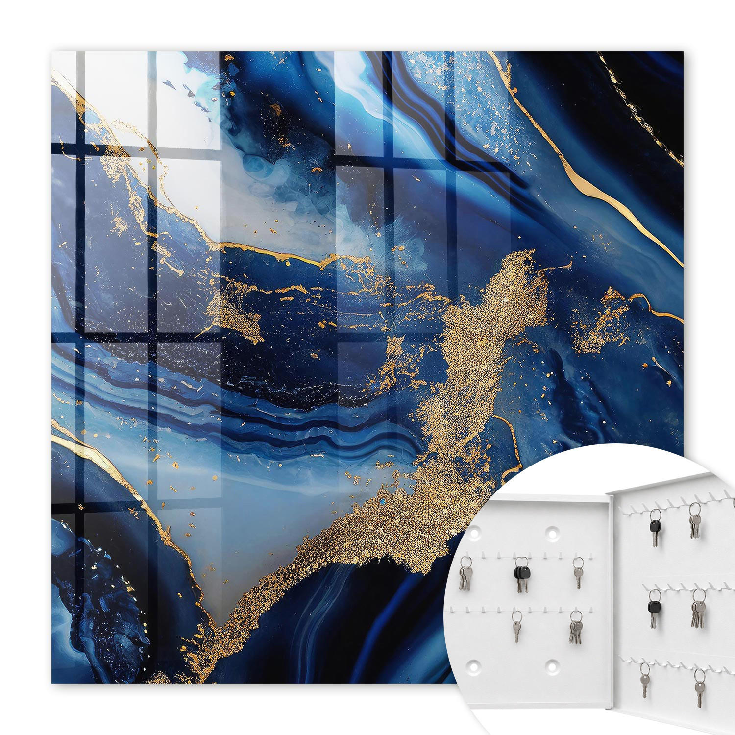 SCHLÜSSELBOX Weiß 30x30 cm – Türöffnung nach rechts - Marineblaue Streifen - Dunkelblau, Metall (30/30/5cm) - TULUP