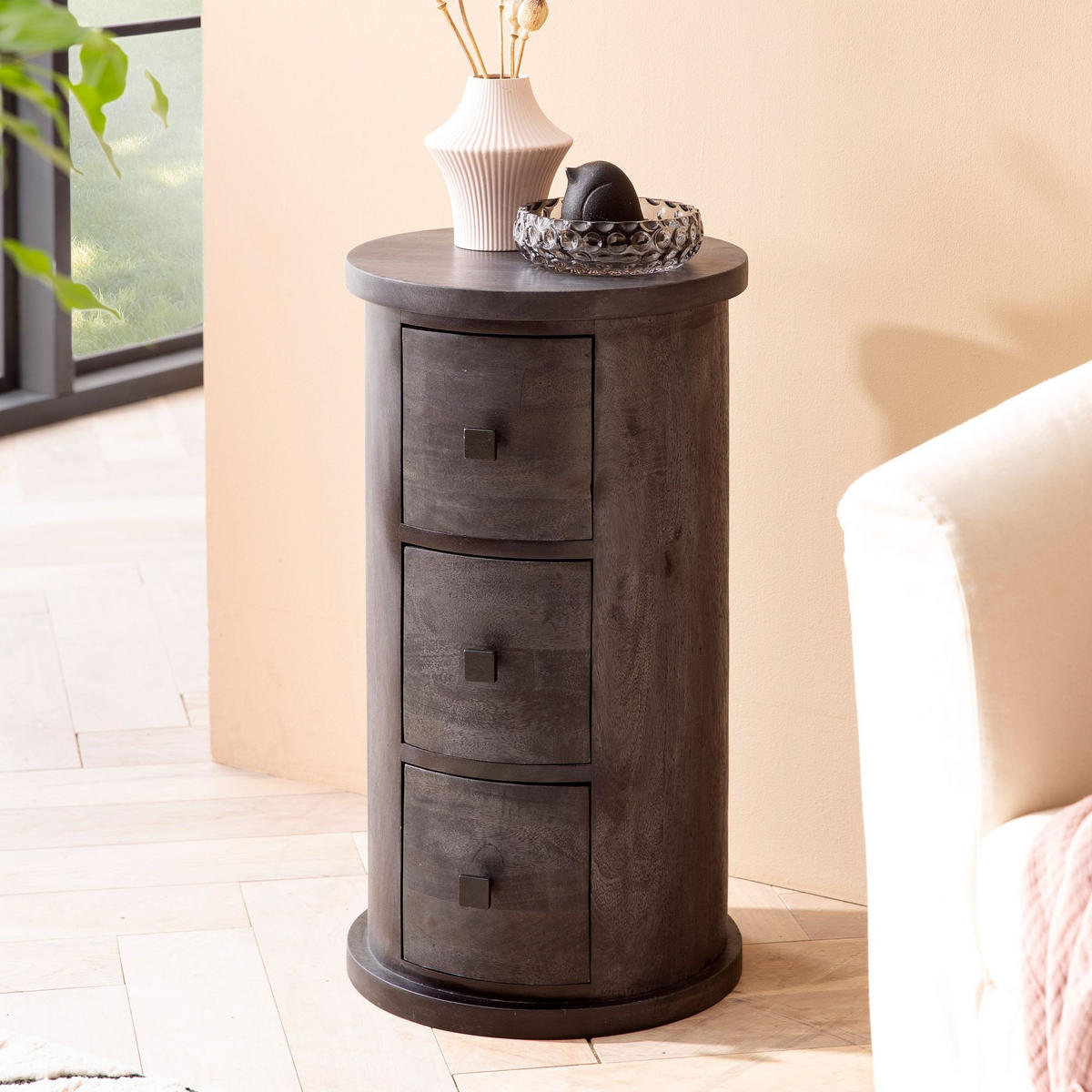 KOMMODE – Mango Massivholz, 34x65x34 cm, 3 Schubladen, schmal, schwarz - Schwarz, Holz (34/65/34cm) - KADIMA DESIGN