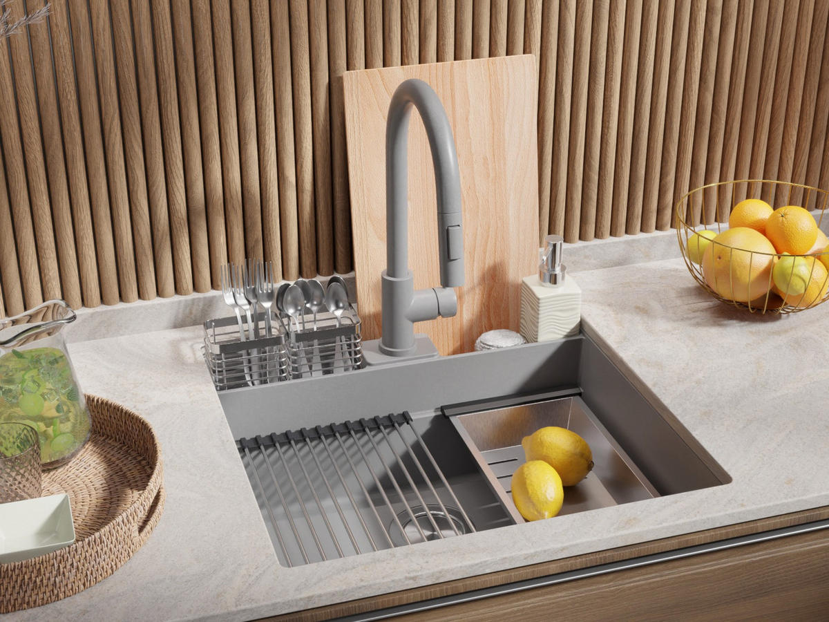 UNTERBAUSPÜLE GRANIT Bergen Pocket, 2-er set Grau 56/54 cm 1 Becken + Ablauf-Set + Küchenzubehörset ab 60er Unterschrank - Chromfarben/Beige, Kunststoff (56/20/54cm) - Primagran