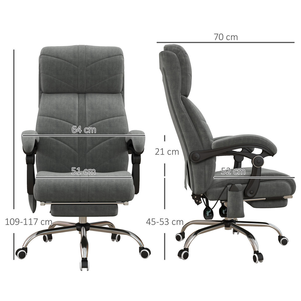 CHEFSESSEL DE-11803 mit Massage, Heizung & Neigefunktion Grau - Grau, Textil (70/117/64cm) - ComfortXL
