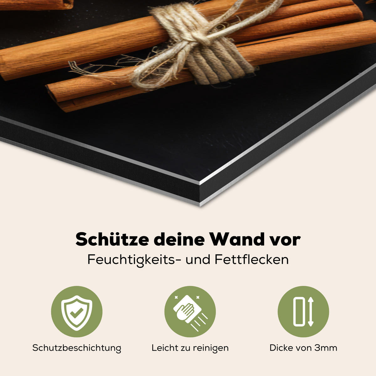 SPRITZSCHUTZ KÜCHE Zimt - Beton - Kaffee - Zimtstangen - Gewürze 90x60 cm - Mokka, Metall (90/0.3/60cm) - MuchoWow
