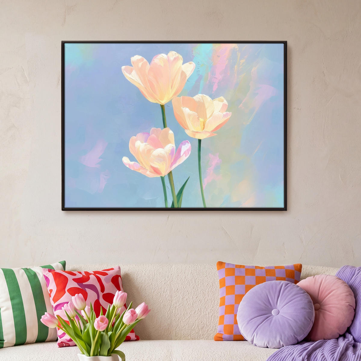 LEINWAND Bilder mit Rahmen - Tulpen - Rosa Akzente - Blau - 100x70 - Pastellblau, Textil (100/70cm) - MuchoWow