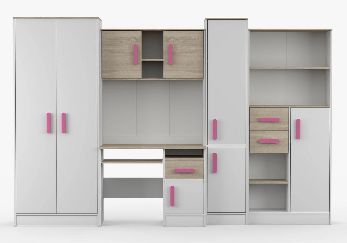 JUGENDZIMMER Wohnwand Colorino in Weiß und Eiche Sonoma – mit rosa Griffen 5 teilig - Kinderzimmer Komplett - Weiß, Holzwerkstoff (80/200/120cm)