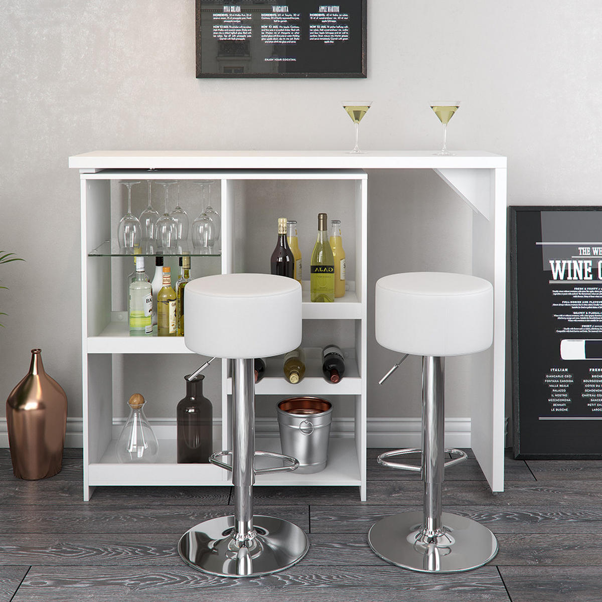 BARTISCH-SET Vega Weiß 138 x 39 cm mit 2 Barhockern - Weiß, Holzwerkstoff (138/110.4/39cm) - Vicco