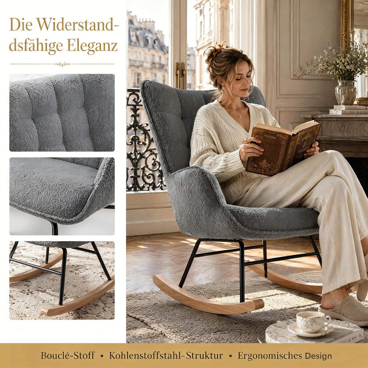 SCHAUKELSTUHL, Entspannend, Teddy-Velours, Belastbarkeit 120 kg, Dunkelgrau - Dunkelgrau/Kieferfarben, Holz/Textil (68/92/75cm) - GENKI LIVING