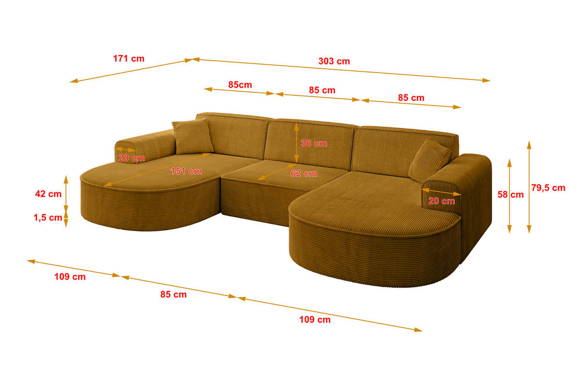 WOHNLANDSCHAFT MARI-U1 - 303x171x79 cm Senfgelb Cord - Gelb/Schwarz, Holzwerkstoff/Kunststoff (303/79/171cm) - ALTDECOR