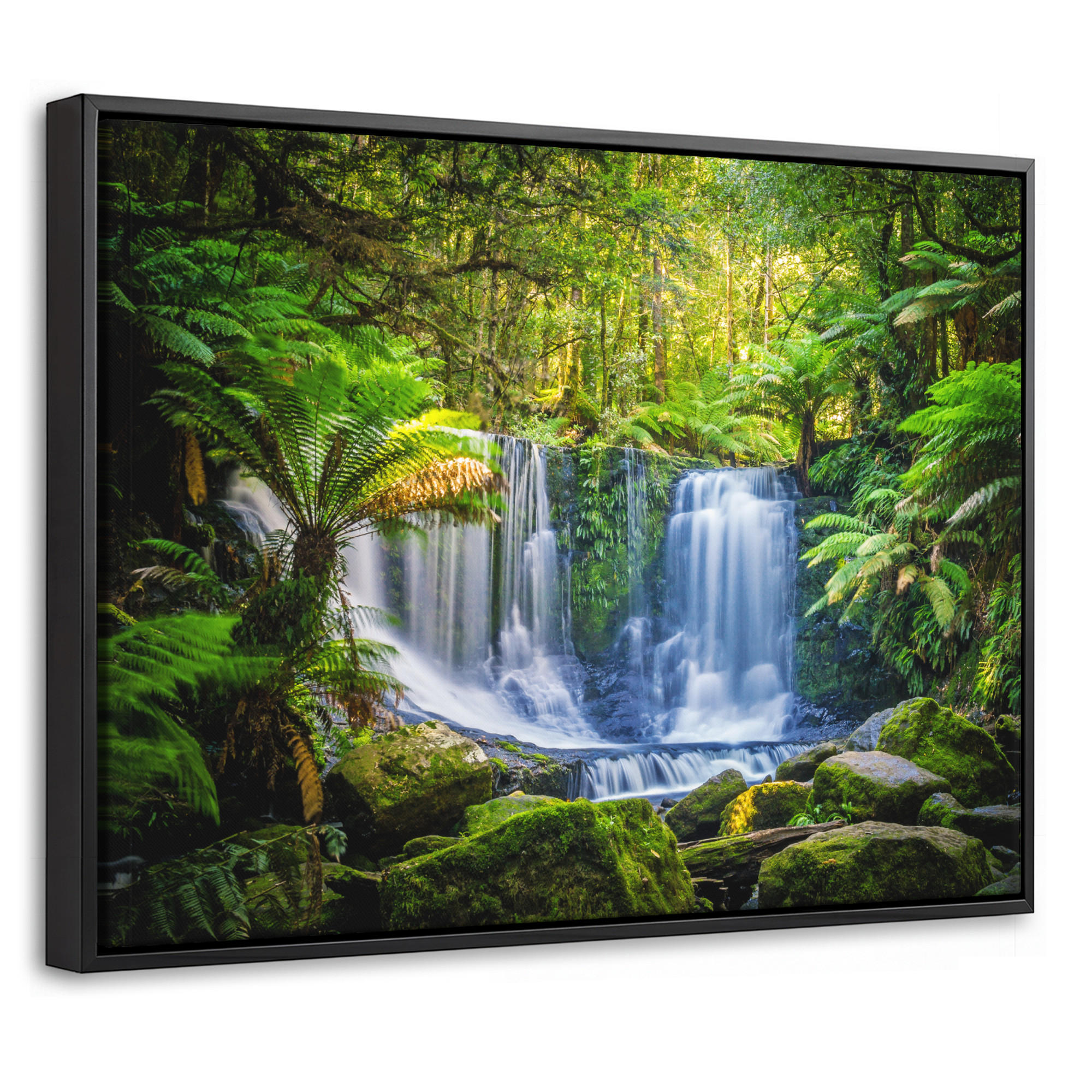 LEINWAND Bilder mit Rahmen - Dschungel - Wasserfall - Australien - Pflanzen - Natur - 40x30 - Dunkelgrün, Textil (40/30cm) - MuchoWow