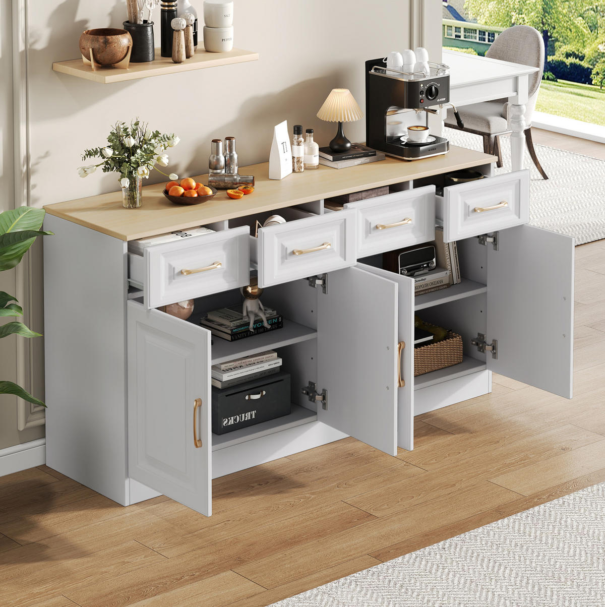 SIDEBOARD 140/40/75 cm mit 4 Schubladen, 4 Türen und verstellbaren Einlegeböden, Weiß/Eiche - Weiß, Holzwerkstoff (140/75/40cm) - Redom
