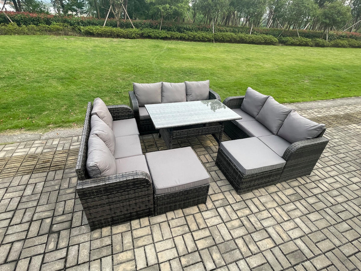 GARTENGARNITUR mit 3-Sitzer Sofa,2 Hockern Polyrattan Dunkelgrau 11-Sitzer - Dunkelgrau/Grau, Glas/Kunststoff - Fimous