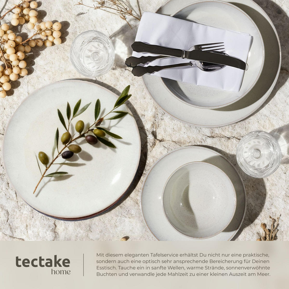 TAFELSERVICE Mare, ineinander stapelbar, Sand - Sandfarben, Keramik (26.5/2.5/26.5cm) - tectake