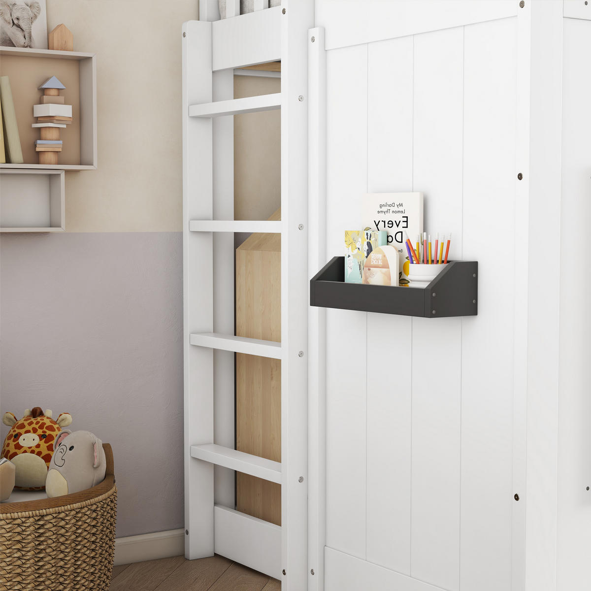 ETAGENBETT 90/200 cm Weiß mit Treppe und Fallschutz aus Kiefer+MDF - Weiß, Holzwerkstoff (90/200cm) - OKWISH