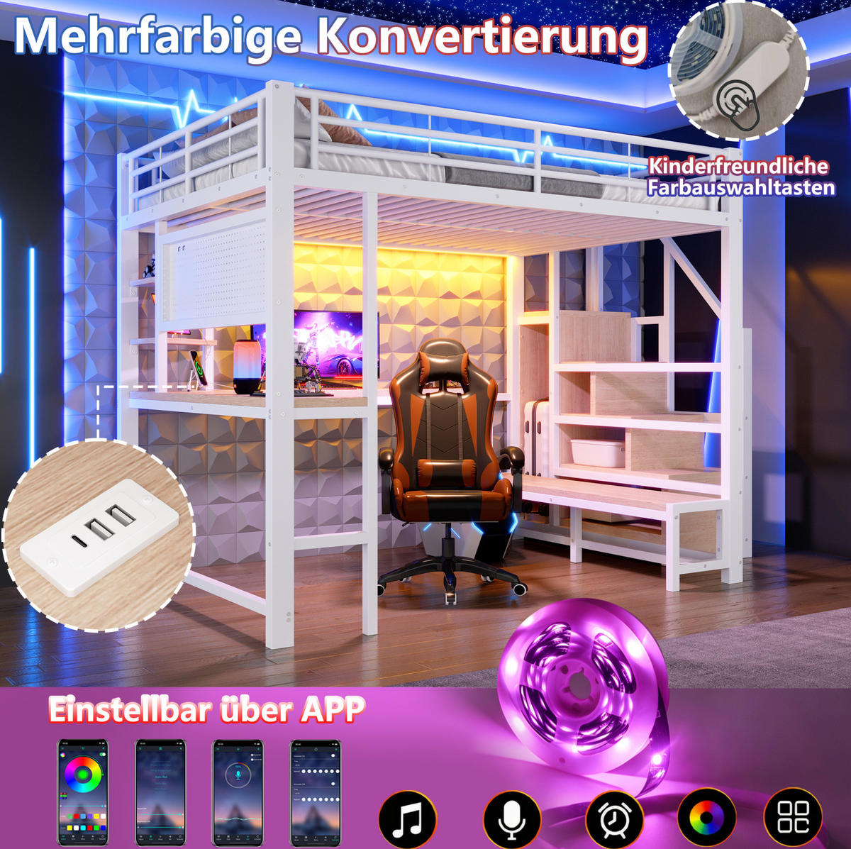 HOCHBETT 140x200 cm in Weiß mit Schreibtisch, Stauraumtreppe, LED und USB-Anschlüssen - Weiß, Holzwerkstoff (140/200cm) - IVMEU