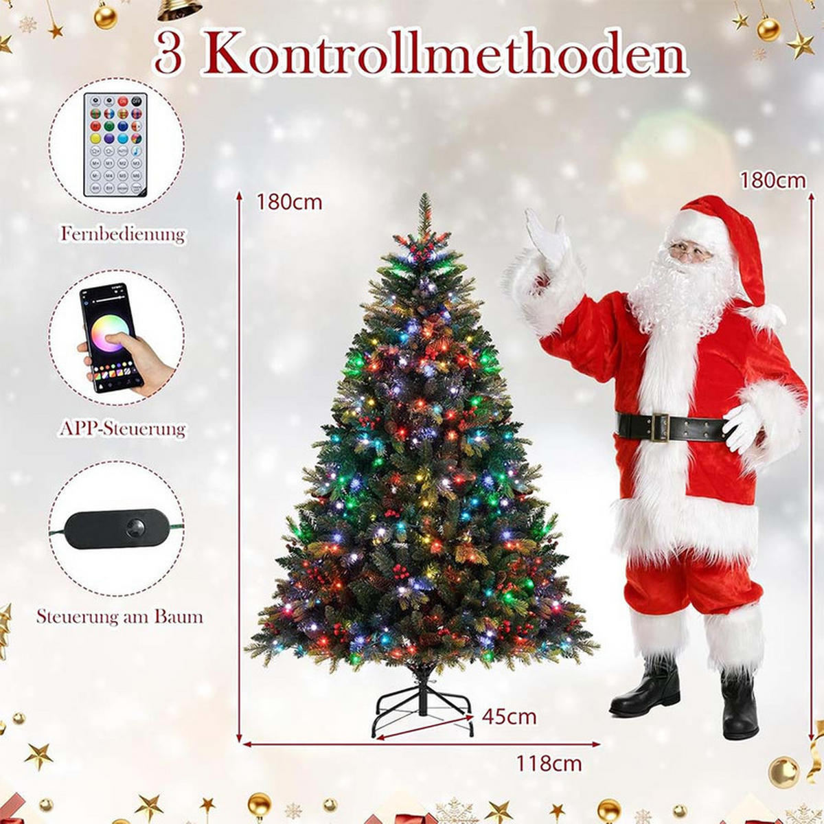 WEIHNACHTSBAUM mit 370 APP-gesteuerten RGB-Lichtern 180cm Grün - Grün, Metall (180cm) - COSTWAY