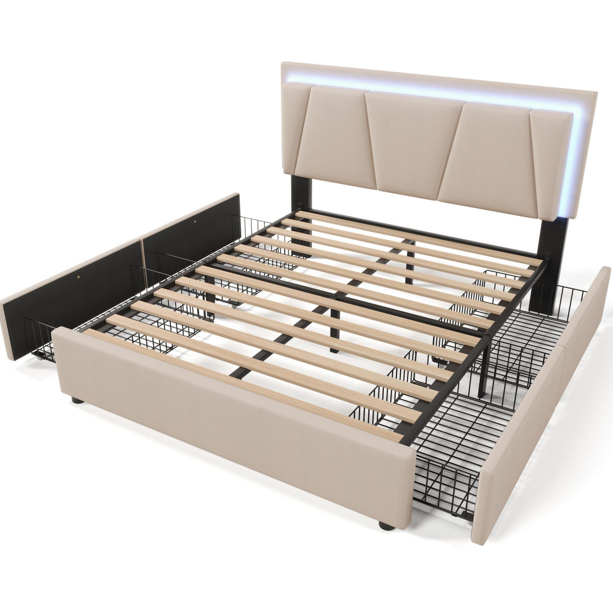 POLSTERBETT 160/200 cm mit LED-Beleuchtung, 4 Schubladen und verstellbarem Kopfteil - Beige, Holz (160/200cm) - BEAOK