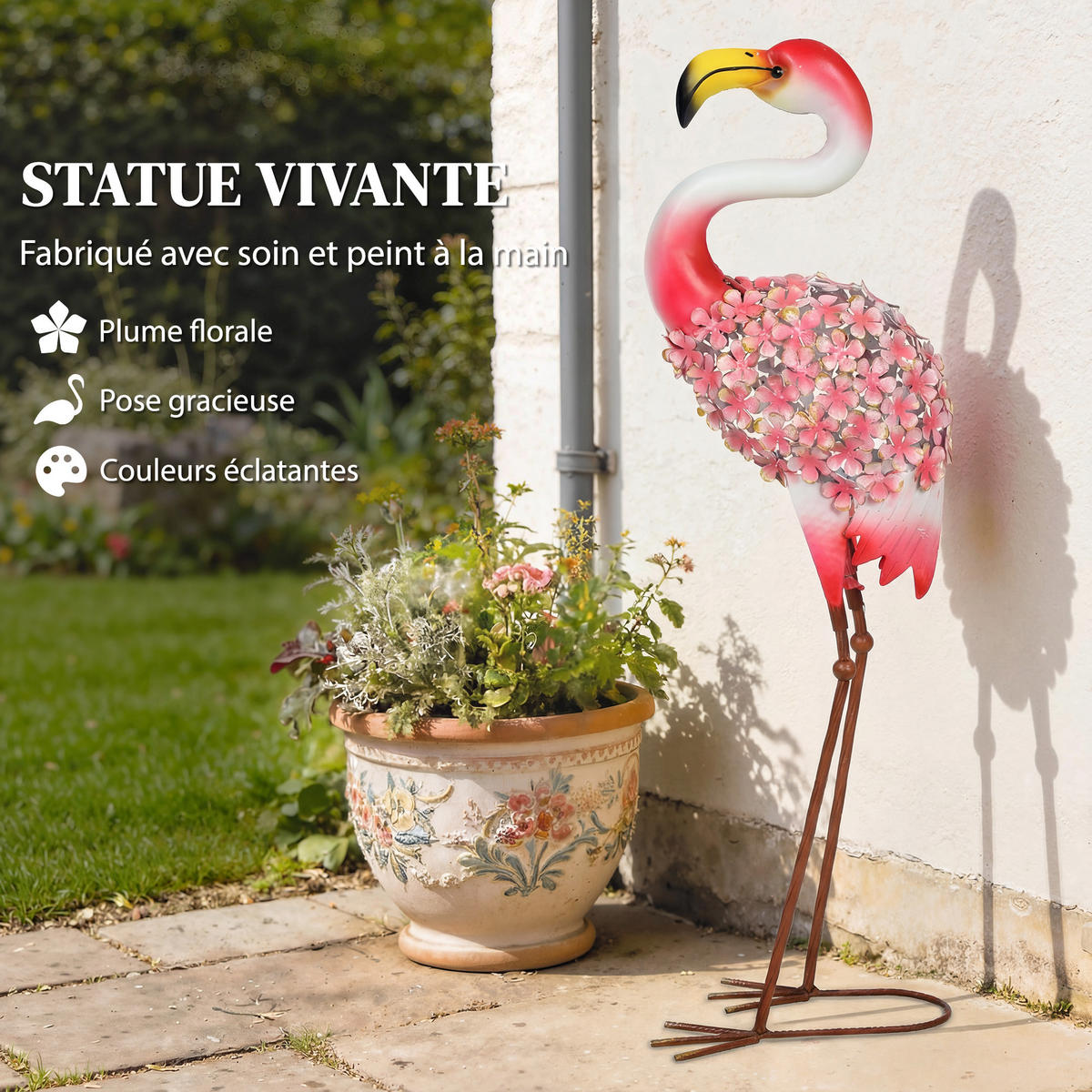 GARTENFIGUR DE-13873 Flamingo mit Blütenfedern Rot - Rot, Metall (19/83/28cm) - ComfortXL