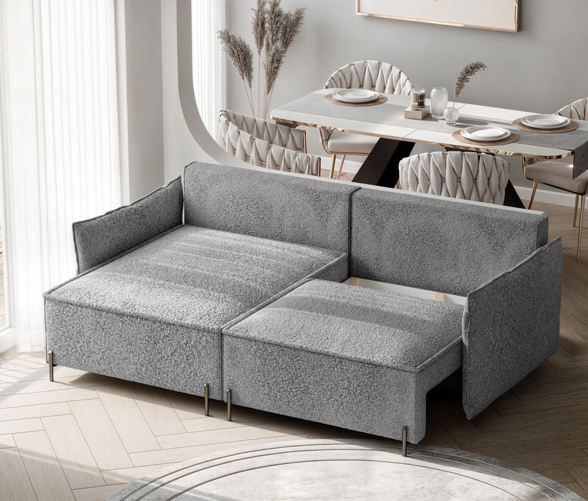 ECKSOFA MARCO Links, mit Schlaffunktion und Bettkasten, Hellgrau - Hellgrau, Textil/Metall (221/148cm) - Idohome