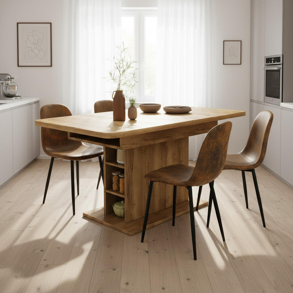 TISCHGRUPPE 5-teilig Kompakter Esstisch 110–130 cm mit Regal-Stauraum & 4 Stühle - Schwarz/Eiche San Remo, Holzwerkstoff/Textil (130/75/70cm) - Urban Meuble