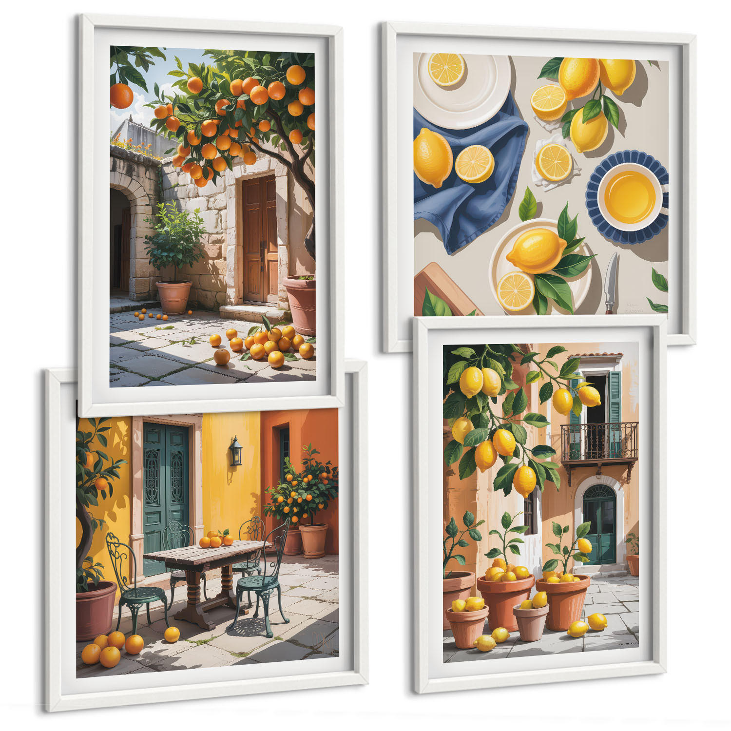 BILDER SET 4er Set - 50x50 cm & 40x60 cm Weißer Rahmen - Zitrusbäume in einem sonnigen Garten - Weiß, Kunststoff (50/50cm) - TULUP