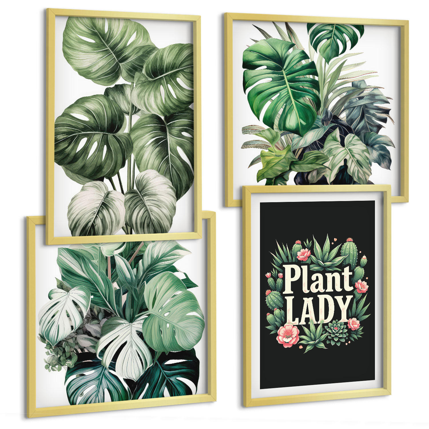 BILDER SET 4er Set - 50x50 cm & 40x60 cm Goldrahmen - Tropische Pflanzen, Pflanzenliebhaberin - Goldfarben, Kunststoff (50/50cm) - TULUP