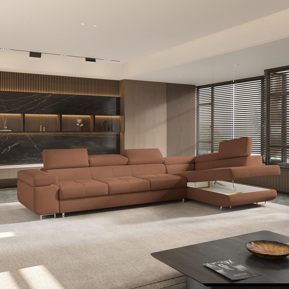 ECKSOFA VICENTE Kupferfarben Boucle-Stoff mit Schlaffunktion - Kupferfarben, Holz (346/202cm) - MASSENO