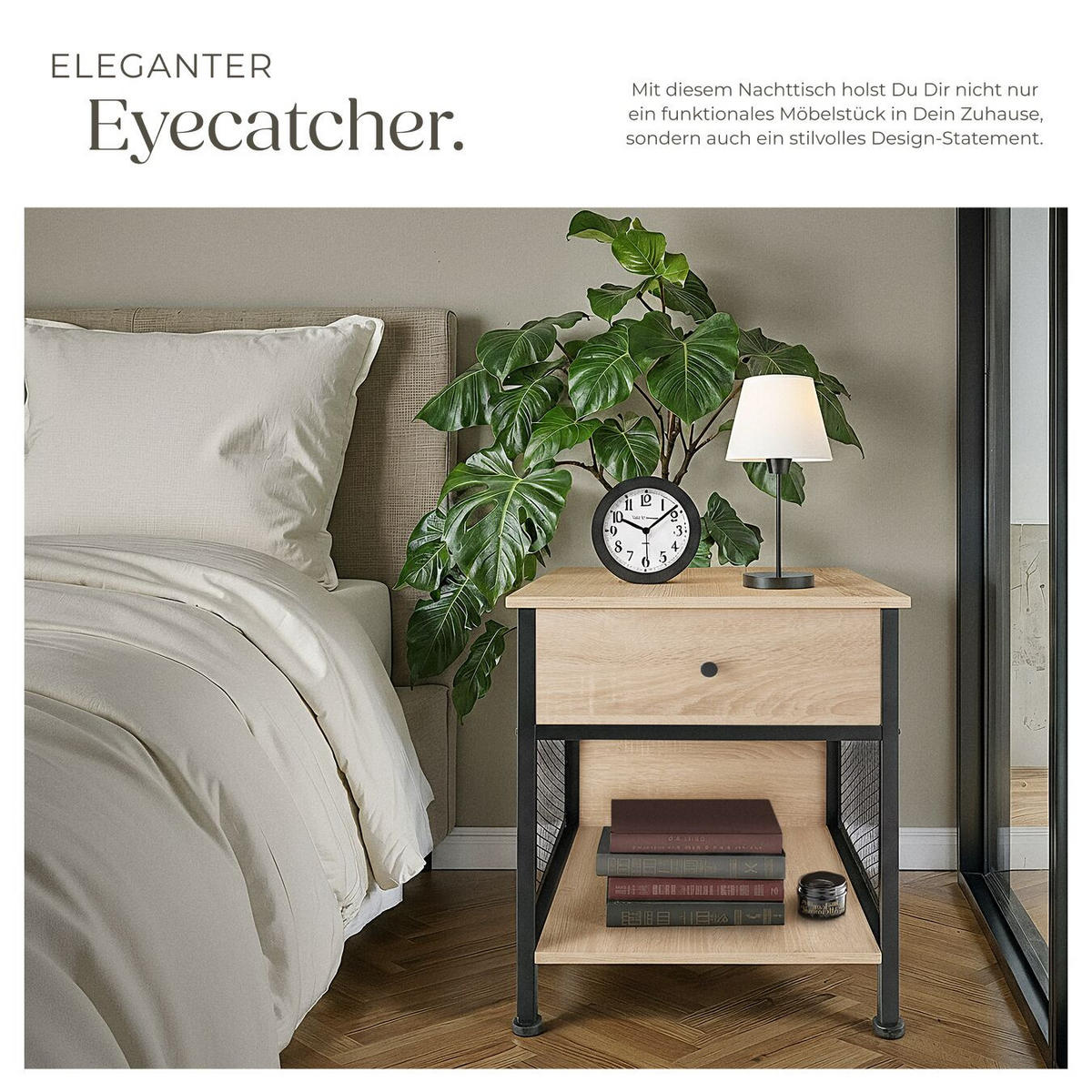 NACHTSCHRANK Killarney, 45 x 46 x 55,5 cm, Industrial Holz hell, Eiche Sonoma - Naturfarben, Holzwerkstoff (45/55.5/46cm) - tectake